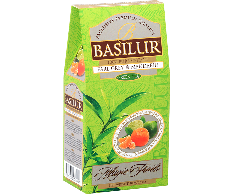 Basilur Earl Grey Mandarin - zielona liściasta herbata cejlońska z morelą, kiwi, kwiatem pomarańczy oraz aromatem mandarynki i bergamotki. 100 gramów listków w zielonym, ozdobnym pudełku z logo Basilur.