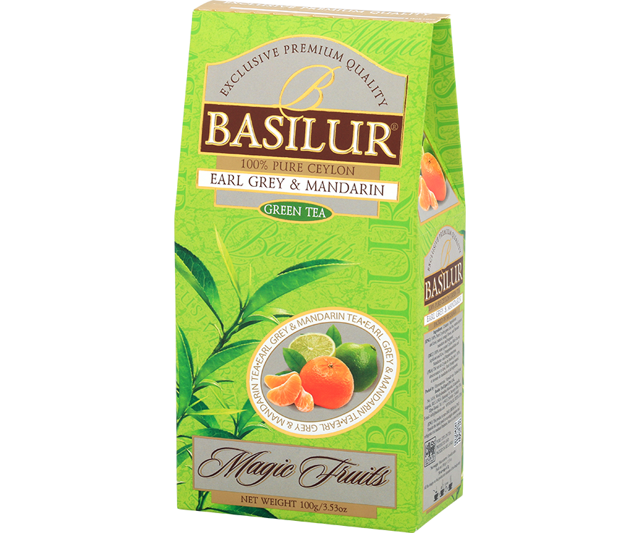 Basilur Earl Grey Mandarin - zielona liściasta herbata cejlońska z morelą, kiwi, kwiatem pomarańczy oraz aromatem mandarynki i bergamotki. 100 gramów listków w zielonym, ozdobnym pudełku z logo Basilur. 