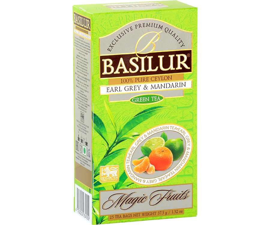 Basilur Earl Grey Mandarin - zielona herbata cejlońska z aromatem mandarynki i bergamotki. 25 torebek w ozdobnym, zielonym pudełku z logo Basilur.