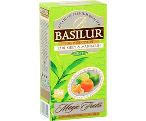 Basilur Earl Grey Mandarin - zielona herbata cejlońska z aromatem mandarynki i bergamotki. 25 torebek w ozdobnym, zielonym pudełku z logo Basilur.