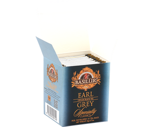 Basilur Earl Grey - czarna herbata cejlońska z aromatem bergamotki w kopertach. Ozdobne, srebrne pudełko z logo Basilur.