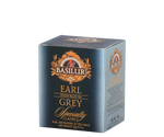 Basilur Earl Grey - czarna herbata cejlońska z aromatem bergamotki w kopertach. Ozdobne, srebrne pudełko z logo Basilur.