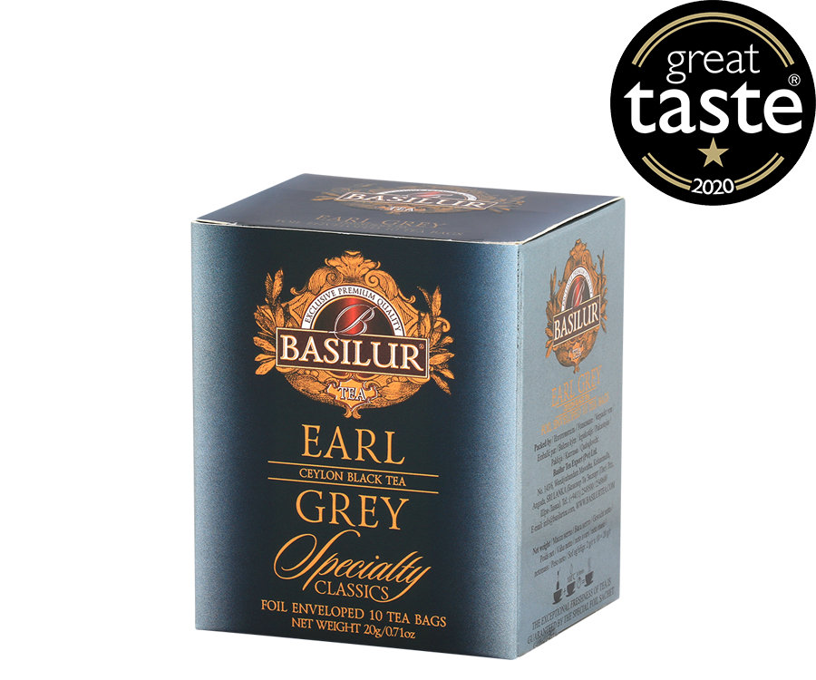 Basilur Earl Grey - czarna herbata cejlońska z aromatem bergamotki w kopertach. Ozdobne, srebrne pudełko z logo Basilur.