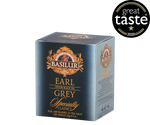 Basilur Earl Grey - czarna herbata cejlońska z aromatem bergamotki w kopertach. Ozdobne, srebrne pudełko z logo Basilur.