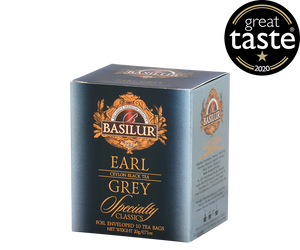 Basilur Earl Grey - czarna herbata cejlońska z aromatem bergamotki w kopertach. Ozdobne, srebrne pudełko z logo Basilur.