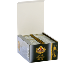 Basilur Earl Grey - czarna herbata cejlońska z bergamotką w kopertach. Ozdobne, srebrne pudełko z logo Basilur.