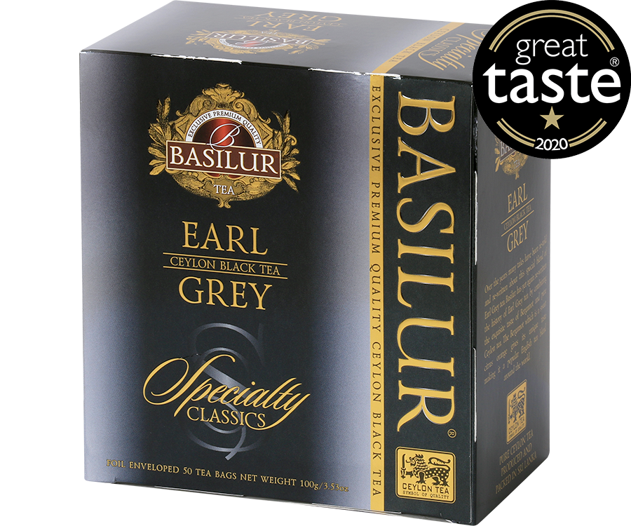 Basilur Earl Grey - czarna herbata cejlońska z bergamotką w kopertach. Ozdobne, srebrne pudełko z logo Basilur.