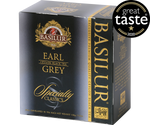 Basilur Earl Grey - czarna herbata cejlońska z bergamotką w kopertach. Ozdobne, srebrne pudełko z logo Basilur.