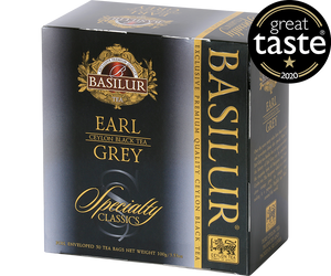 Basilur Earl Grey - czarna herbata cejlońska z bergamotką w kopertach. Ozdobne, srebrne pudełko z logo Basilur.