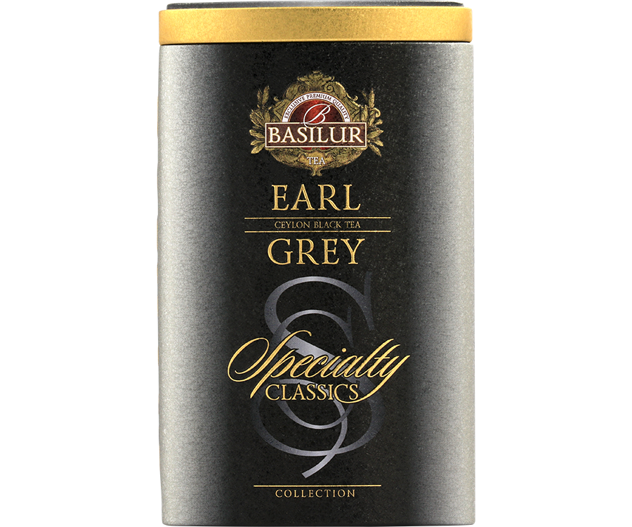 Basilur Earl Grey - czarna liściasta herbata cejlońska z aromatem bergamotki. Ozdobna, srebrna puszka z logo Basilur.