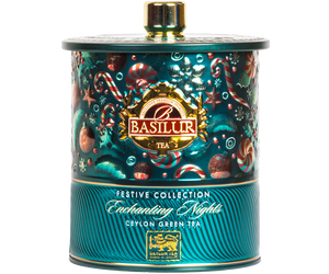 Basilur Enchanting Nights - zielona herbata cejlońska z dodatkiem papai, jabłka i aromatu szarlotki. Ozdobne opakowanie w formie metalowej puszki ze świątecznym motywem.