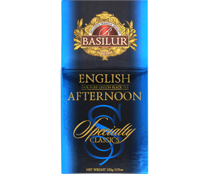 Basilur English Afternoon - czarna liściasta herbata cejlońska w angielskim stylu. Ozdobne, niebieskie pudełko.