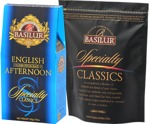 Basilur English Afternoon - czarna liściasta herbata cejlońska w angielskim stylu. Ozdobne, niebieskie pudełko.