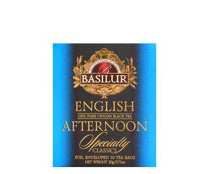 Basilur English Afternoon - czarna herbata cejlońska w wygodnych, kopertowych torebkach. Ozdobne, niebieskie pudełko.