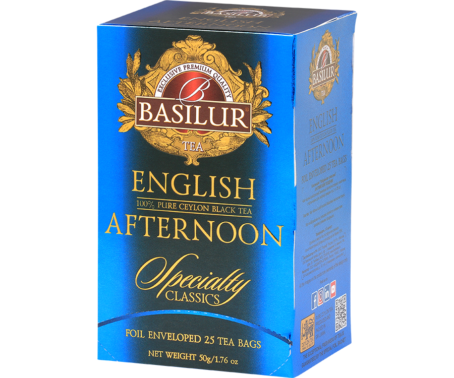 Basilur English Afternoon - czarna herbata cejlońska w torebkach ekspresowych. Ozdobne, niebieskie pudełko.