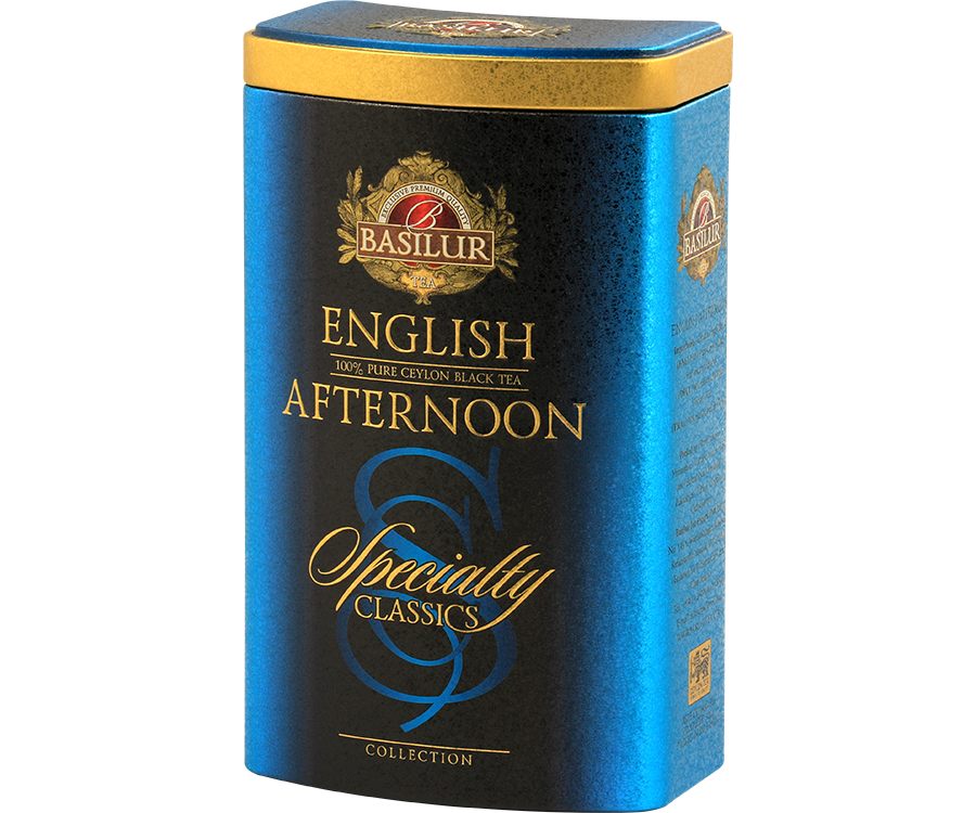 Basilur English Afternoon - czarna liściasta herbata cejlońska w angielskim stylu. Ozdobna, niebieska puszka.