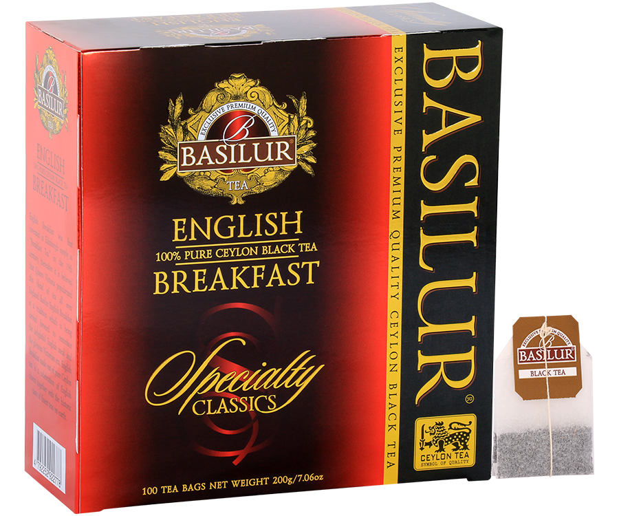 Basilur English Breakfast - czarna herbata cejlońska w biodegradowalnych torebkach. 100 torebek herbaty w ozdobnym, czerwonym pudełku.