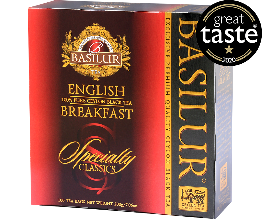 Basilur English Breakfast - czarna herbata cejlońska w biodegradowalnych torebkach. 100 torebek herbaty w ozdobnym, czerwonym pudełku.