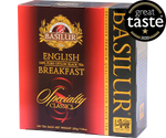 Basilur English Breakfast - czarna herbata cejlońska w biodegradowalnych torebkach. 100 torebek herbaty w ozdobnym, czerwonym pudełku.