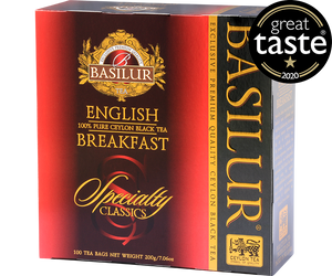 Basilur English Breakfast - czarna herbata cejlońska w biodegradowalnych torebkach. 100 torebek herbaty w ozdobnym, czerwonym pudełku.