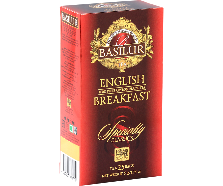 Basilur English Breakfast - czarna herbata cejlońska w ekspresowych torebkach. Ozdobne, czerwone pudełko z logo Basilur.