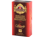 Basilur English Breakfast - czarna herbata cejlońska w ekspresowych torebkach. Ozdobne, czerwone pudełko z logo Basilur.