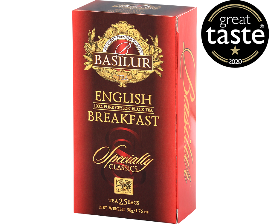 Basilur English Breakfast - czarna herbata cejlońska w ekspresowych torebkach. Ozdobne, czerwone pudełko z logo Basilur.