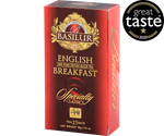 Basilur English Breakfast - czarna herbata cejlońska w ekspresowych torebkach. Ozdobne, czerwone pudełko z logo Basilur.