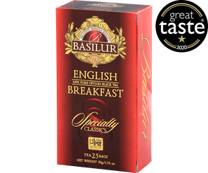 Basilur English Breakfast - czarna herbata cejlońska w ekspresowych torebkach. Ozdobne, czerwone pudełko z logo Basilur.