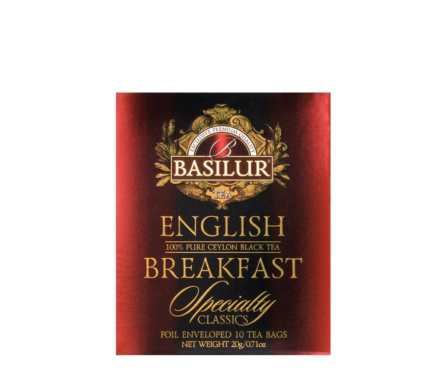 Basilur English Breakfast - czarna herbata cejlońska w kopertowych torebkach. Ozdobne, czerwone pudełko z logo Basilur.