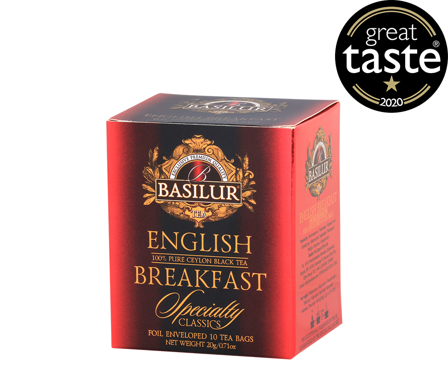 Basilur English Breakfast - czarna herbata cejlońska w kopertowych torebkach. Ozdobne, czerwone pudełko z logo Basilur.