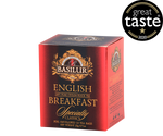 Basilur English Breakfast - czarna herbata cejlońska w kopertowych torebkach. Ozdobne, czerwone pudełko z logo Basilur.