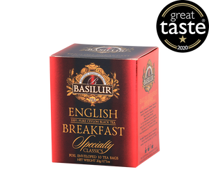 Basilur English Breakfast - czarna herbata cejlońska w kopertowych torebkach. Ozdobne, czerwone pudełko z logo Basilur.