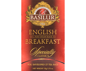 Basilur English Breakfast - czarna herbata cejlońska w kopertowych torebkach, Ozdobne, czerwone pudełko z logo Basilur.
