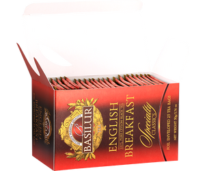 Basilur English Breakfast - czarna herbata cejlońska w kopertowych torebkach, Ozdobne, czerwone pudełko z logo Basilur.