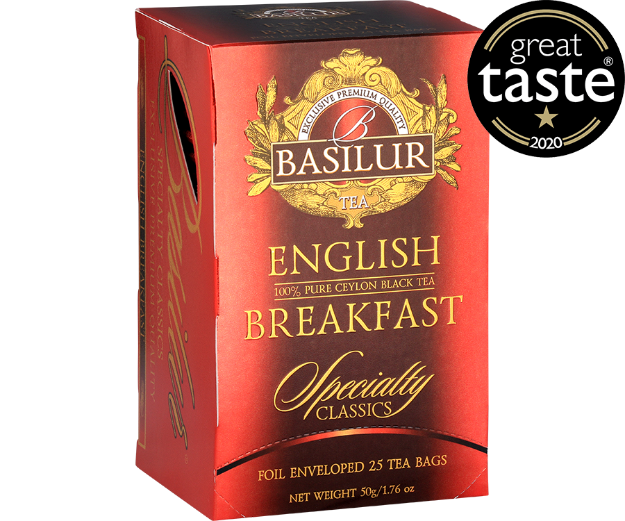 Basilur English Breakfast - czarna herbata cejlońska w kopertowych torebkach, Ozdobne, czerwone pudełko z logo Basilur.