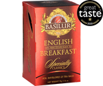 Basilur English Breakfast - czarna herbata cejlońska w kopertowych torebkach, Ozdobne, czerwone pudełko z logo Basilur.