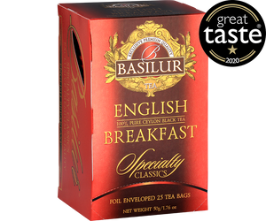 Basilur English Breakfast - czarna herbata cejlońska w kopertowych torebkach, Ozdobne, czerwone pudełko z logo Basilur.