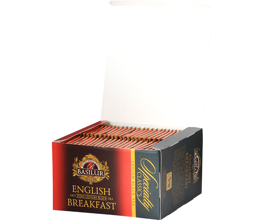 Basilur English Breakfast - czarna herbata cejlońska w kopertowych torebkach. 50 torebek w ozdobnym, czerwonym pudełku.