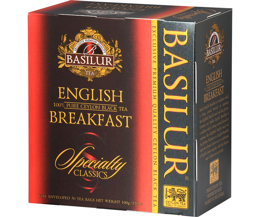 Basilur English Breakfast - czarna herbata cejlońska w kopertowych torebkach. 50 torebek w ozdobnym, czerwonym pudełku.