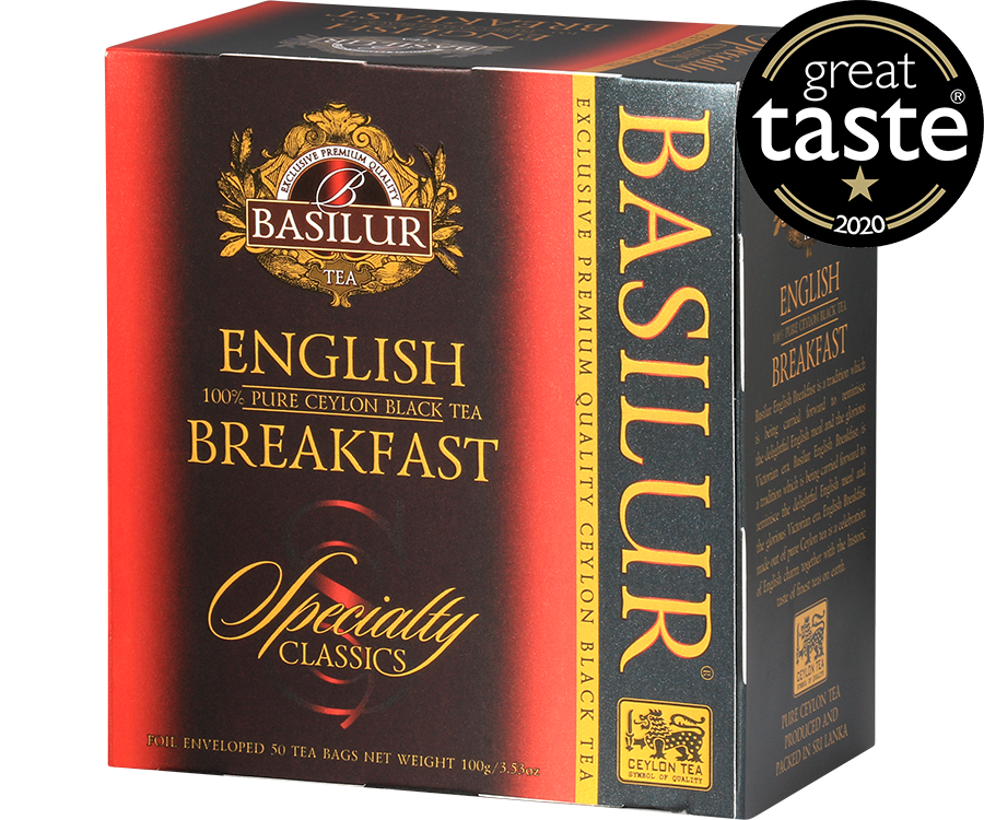 Basilur English Breakfast - czarna herbata cejlońska w kopertowych torebkach. 50 torebek w ozdobnym, czerwonym pudełku.