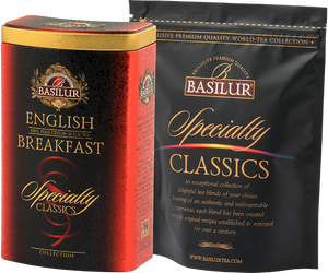 Basilur English Breakfast - czarna herbata cejlońska CTC w angielskim stylu. Ozdobna, czerwona puszka.