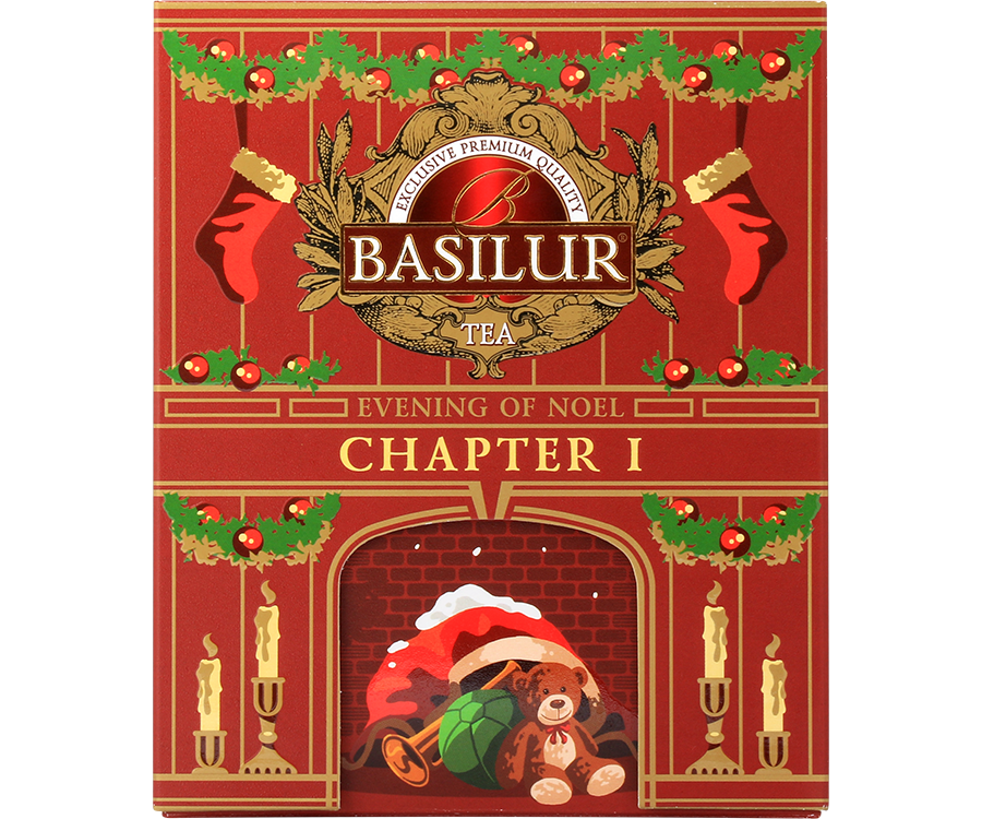 Basilur Evening of Noel Chapter I - czarna herbata cejlońska skomponowana ze starannie selekcjonowanych listków Orange Pekoe z dodatkiem nagietka oraz aromatu kawy z wanilią. Pudełko w kształcie kominka z motywem Świąt Bożego Narodzenia.