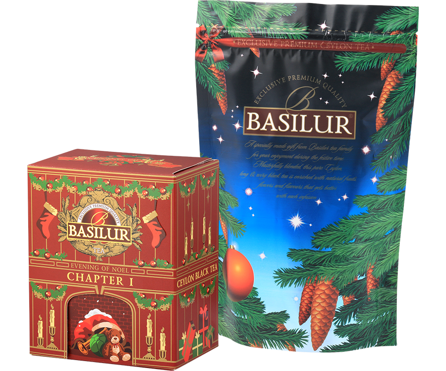 Basilur Evening of Noel Chapter I - czarna herbata cejlońska skomponowana ze starannie selekcjonowanych listków Orange Pekoe z dodatkiem nagietka oraz aromatu kawy z wanilią. Pudełko w kształcie kominka z motywem Świąt Bożego Narodzenia.