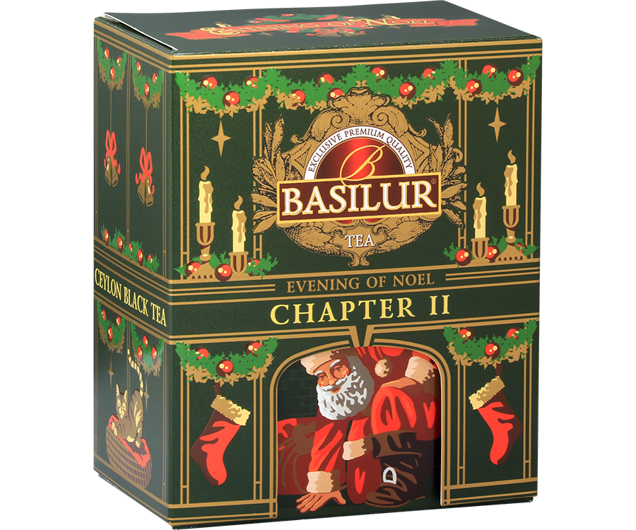 Basilur Evening of Noel Chapter II - czarna herbata cejlońska skomponowana ze starannie selekcjonowanych listków Orange Pekoe z dodatkiem białego chabru oraz aromatu cynamonu i migdałów. Pudełko w kształcie kominka z motywem Świąt Bożego Narodzenia.