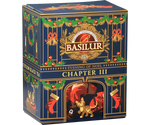 Basilur Evening of Noel Chapter III - czarna herbata cejlońska skomponowana ze starannie selekcjonowanych listków Orange Pekoe z dodatkiem kwiatów róży oraz aromatu kandyzowanych kasztanów. Pudełko w kształcie kominka z motywem Świąt Bożego 