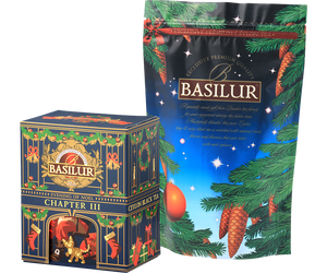 Basilur Evening of Noel Chapter III - czarna herbata cejlońska skomponowana ze starannie selekcjonowanych listków Orange Pekoe z dodatkiem kwiatów róży oraz aromatu kandyzowanych kasztanów. Pudełko w kształcie kominka z motywem Świąt Bożego Narodzenia.