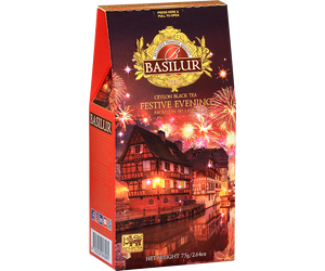 Basilur Festive Evening - czarna herbata cejlońska, liściasta, z dodatkiem chabru, krokoszu barwierskiego oraz aromatem dyni, syropu klonowego i wanilii. Ozdobne opakowanie z sylwestrowym motywem.