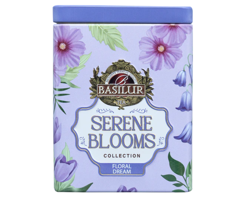 Basilur Floral Dream - listki czarnej herbaty cejlońskiej Orange Pekoe z dodatkiem pączków jaśminu, płatków róży oraz aromatem róży i naturalnym aromatem wanilii. Mini puszka w pastelowych kolorach.