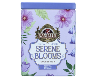 Basilur Floral Dream - listki czarnej herbaty cejlońskiej Orange Pekoe z dodatkiem pączków jaśminu, płatków róży oraz aromatem róży i naturalnym aromatem wanilii. Mini puszka w pastelowych kolorach.